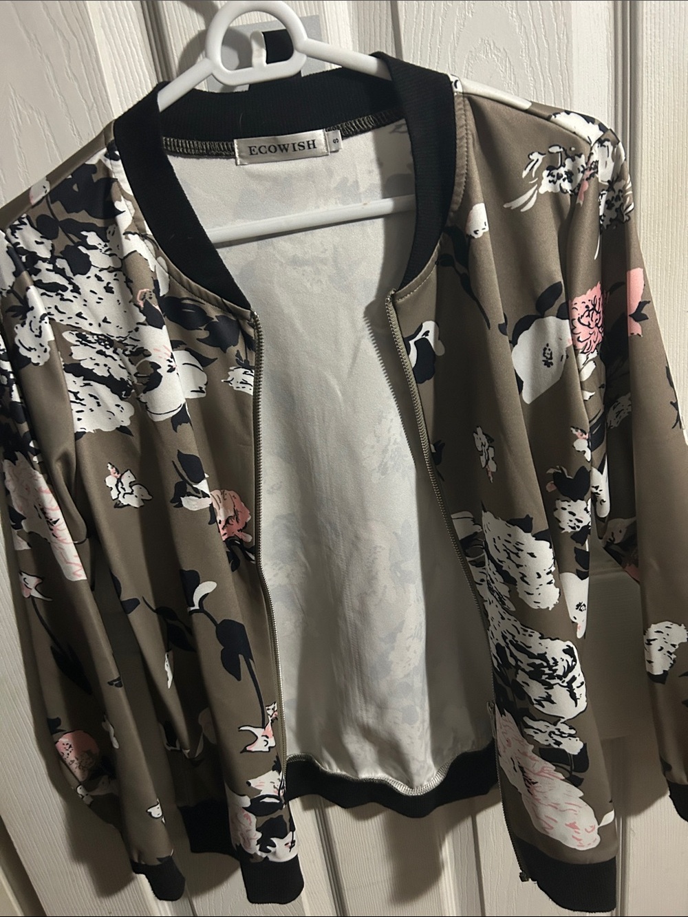 Olive Floral Bomber Jacket with Pink & Black Accents
